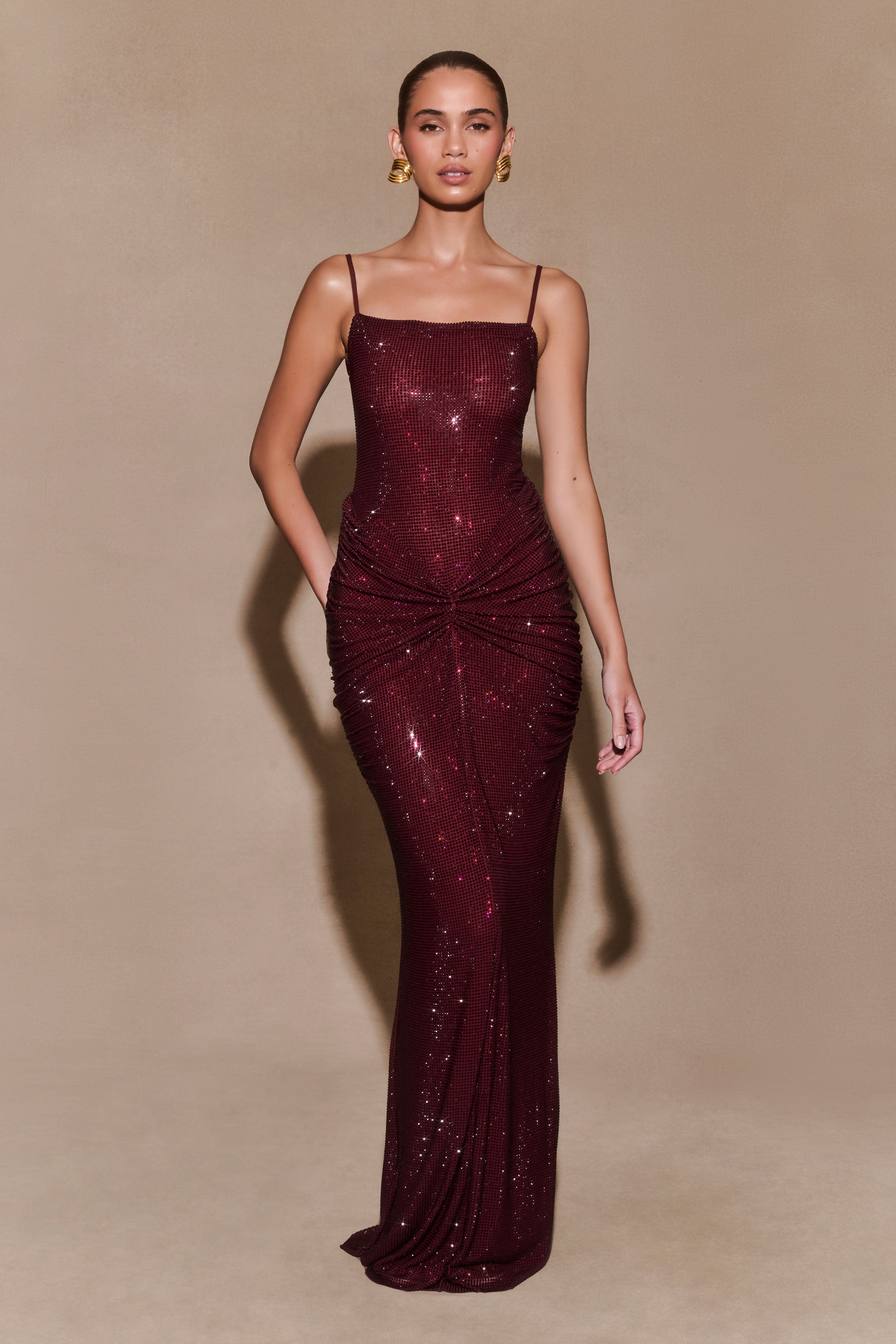 Serena Diamanté Satin Maxi Dress – Mahogany